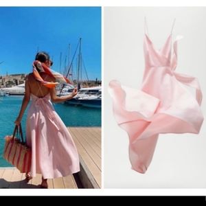 Zara FLARED SURPLICE LINEN MIDI DRESS wThin Straps